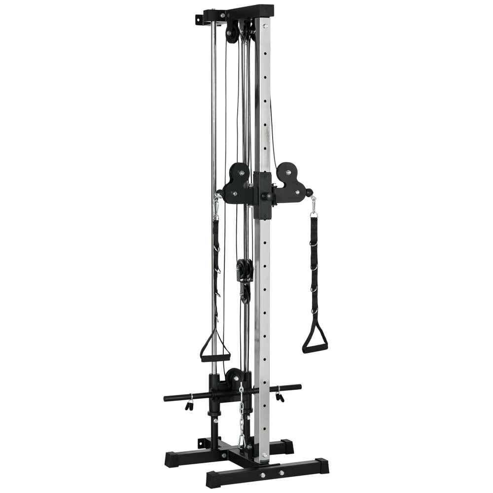 Wall-mounted dual pulley weight station, adjustable to 15 positions