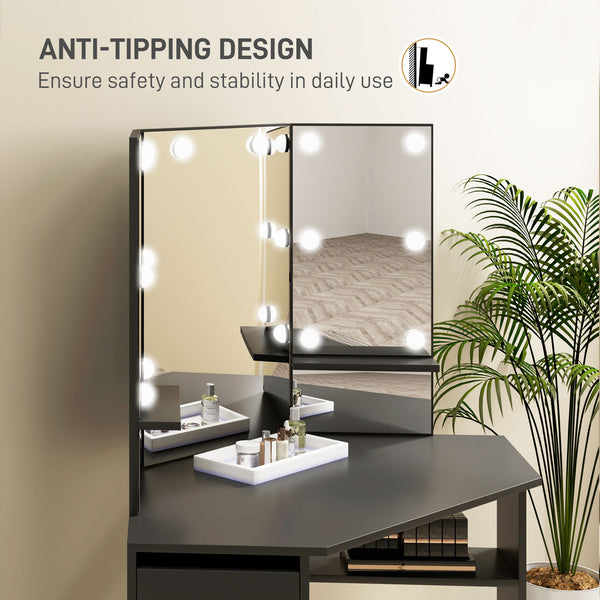 Dressing table with 3-panel mirror and 10 LED lights, black