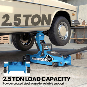 2.5-ton ultra-low profile hydraulic jack, blue, with lifting range up to 14.1 in, blue