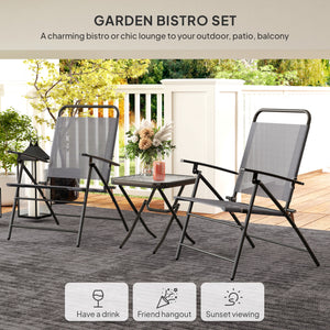 Folding bistro set with adjustable back chairs and glass-topped table, grey