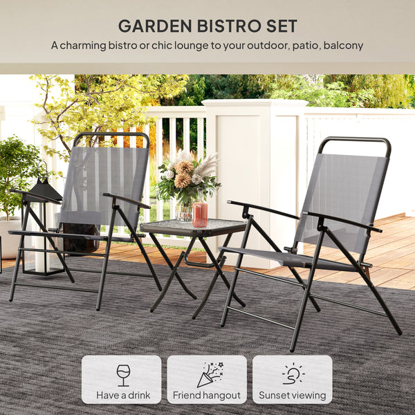 Folding bistro set with adjustable back chairs and glass-topped table, grey