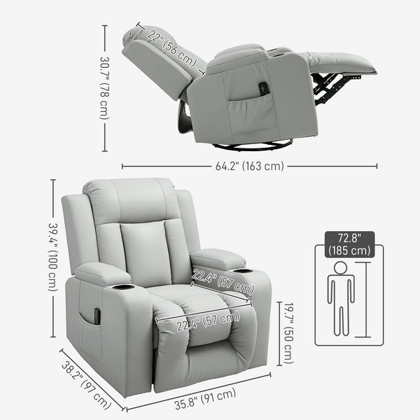 Recliner Chair with 8 Vibrations, PU Leather Upholstered Recliner with Wide Seat, Cup Holders, Rocker, Light Grey