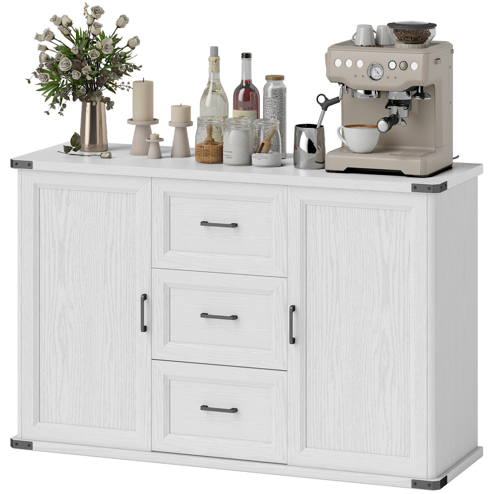 Sideboard with 3 Drawers and 2 Doors, 47" Buffet Cabinet with Adjustable Shelves for Kitchen, White Wood Grain