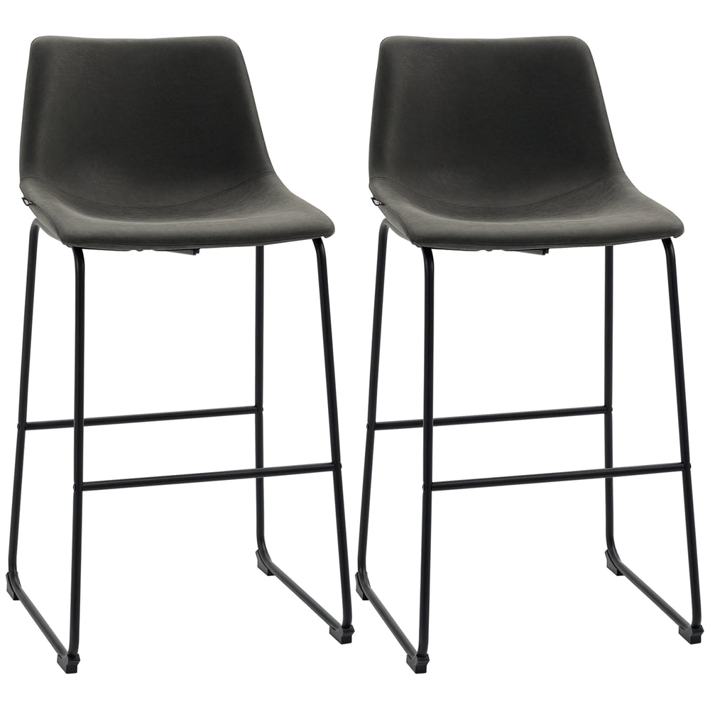 Set of 2 vintage style bar stools in faux leather, dark grey.