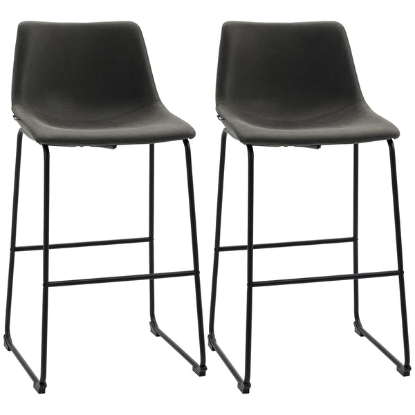 Set of 2 vintage style bar stools in faux leather, dark grey.