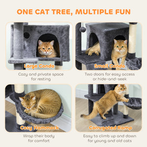 160cm Cat Tree with Scratching Posts, Cabins, Soft Perches, Hammock, Ladder, Dark Grey