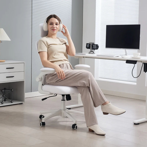 Mesh Office Chair with Adjustable Headrest, 4D Lumbar Support, Flip-up Armrests, White