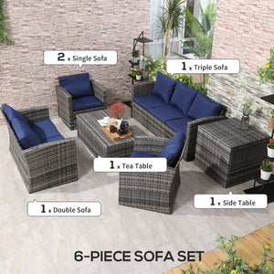 6 Piece Wicker Furniture Set with Cushions, 7 Seater Rattan Garden Sofa with Storage Table, Navy Blue