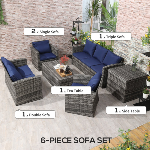 6 Piece Wicker Furniture Set with Cushions, 7 Seater Rattan Garden Sofa with Storage Table, Navy Blue