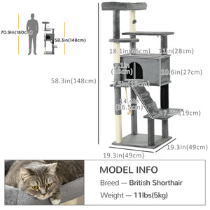 147cm tall cat tree with scratching posts, large indoor cat tower with bed, hideaway and toys, grey