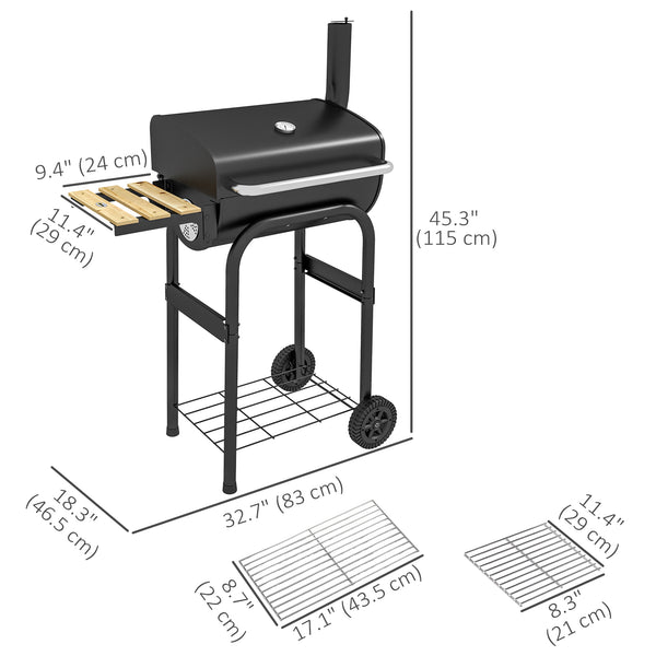 Charcoal barbecue with thermometer, shelves and wheels, black