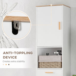 White bathroom storage cabinet with cupboards and drawer