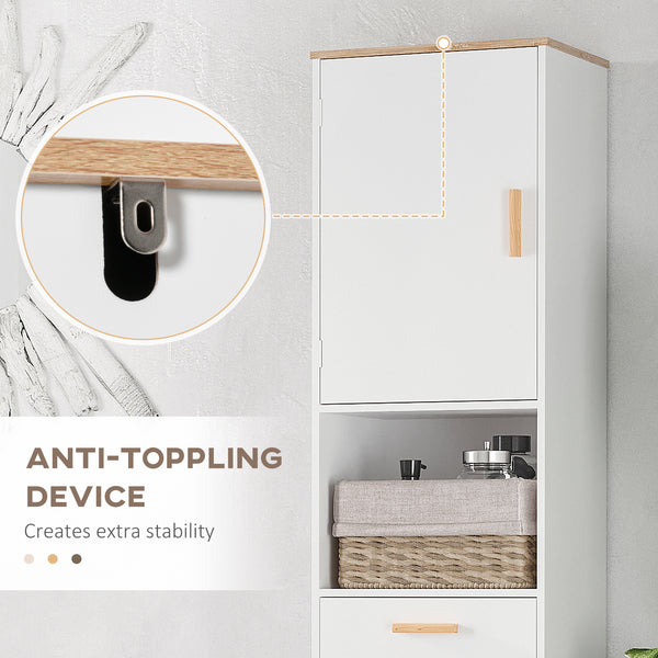 White bathroom storage cabinet with cupboards and drawer