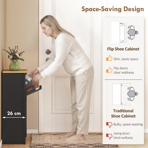 Shoe cabinet with 2 tilt-out drawers and adjustable shelves for 8 to 12 pairs of shoes, black