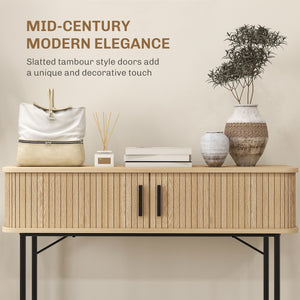 Narrow console with slatted sliding doors and legs in steel, oak and black