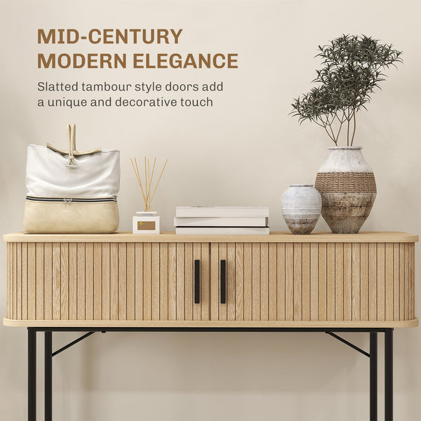 Narrow console with slatted sliding doors and legs in steel, oak and black