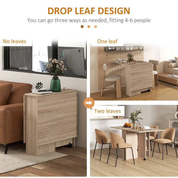 Folding Foldable Table with 2-Tier Shelves and Wheels, Natural Wood
