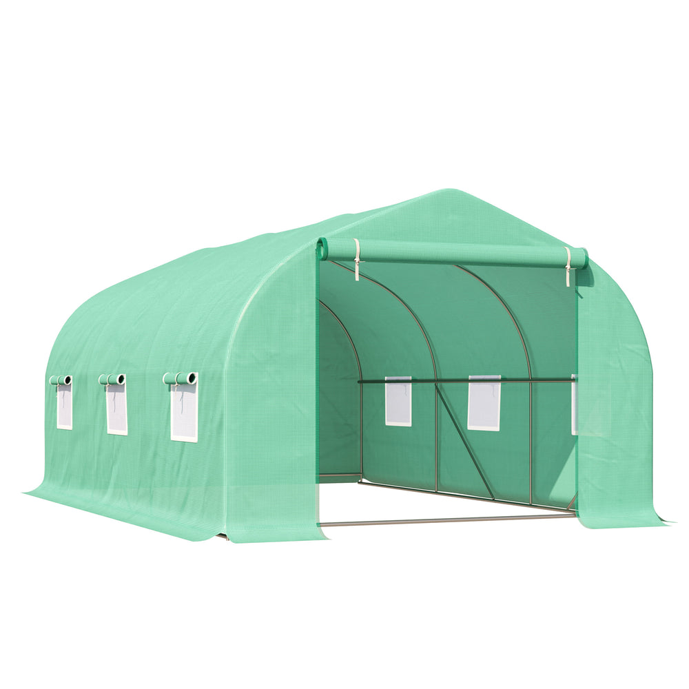 Garden tunnel greenhouse with roll-up door and 6 screened windows, steel frame, green