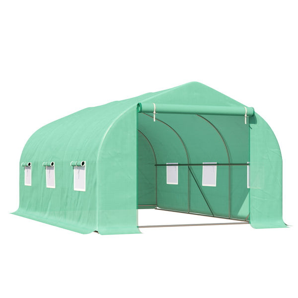 Garden tunnel greenhouse with roll-up door and 6 screened windows, steel frame, green