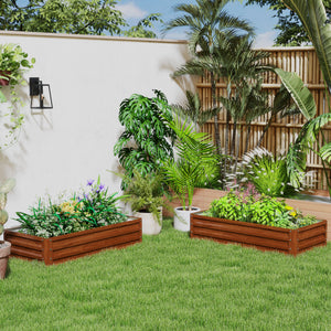 Set of 2 raised planters in galvanized steel, brown wood effect 