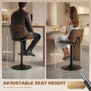 Set of 2 bar stools, swivel, with backrest, adjustable height, black