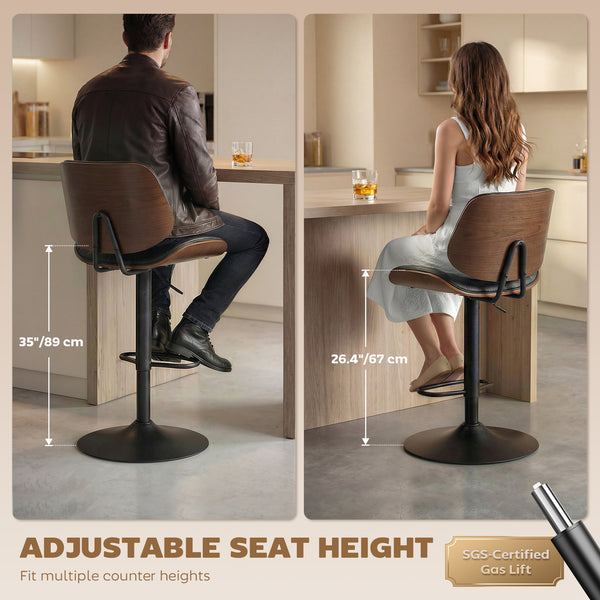 Set of 2 bar stools, swivel, with backrest, adjustable height, black