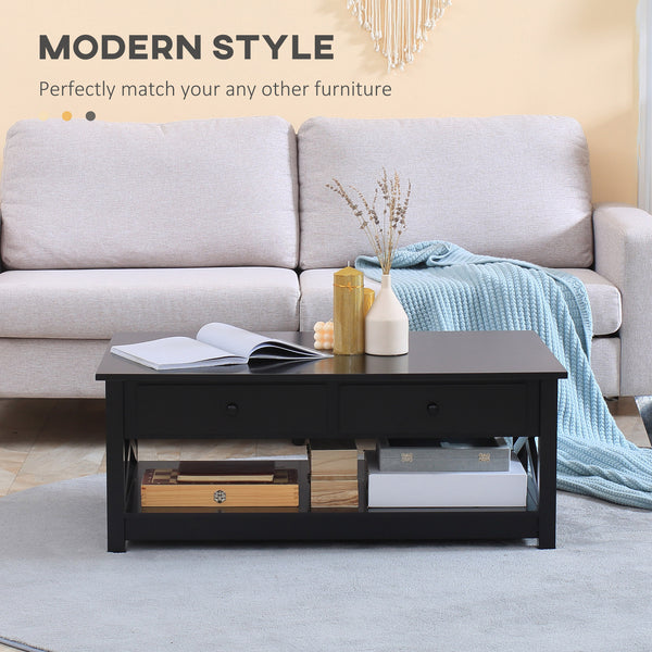 Farmhouse Style Coffee Table with Drawers and Open Shelf, Black