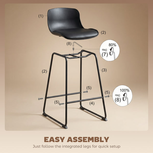 Set of 2 modern faux leather bar stools, counter height, black