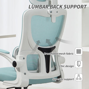 High-back mesh office chair with swivel headrest, light blue