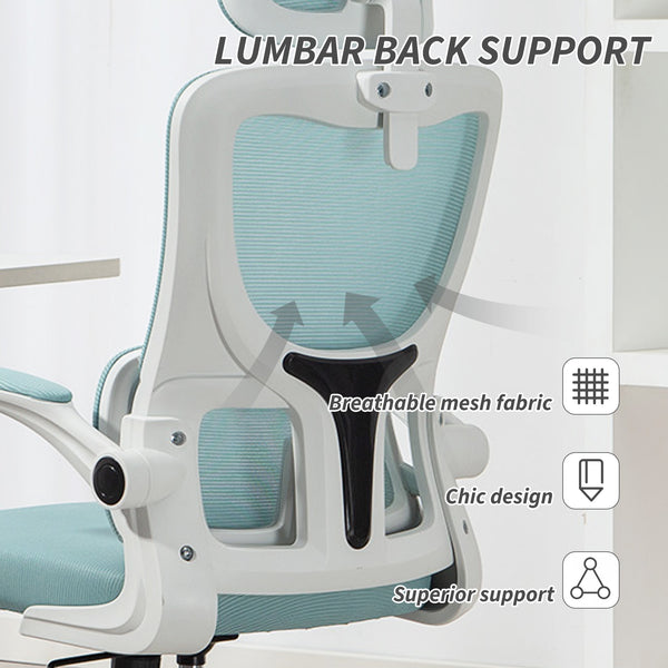 High-back mesh office chair with swivel headrest, light blue