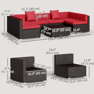 7 Piece Wicker Patio Sectional Set, Wine Red