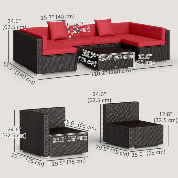 7 Piece Wicker Patio Sectional Set, Wine Red