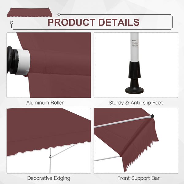 10x5ft Patio Sun Shade Canopy Manual Retractable Awning with 5.6-9.2ft Support Pole for Window, Door, Porch, Wine Red