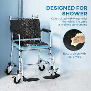 Black 4-in-1 commode and shower chair with wheels and padded seat