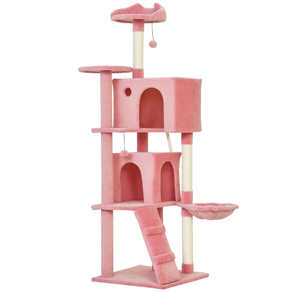 160cm Cat Tree with Sisal Scratching Posts, Cabins, Plush Perches, Hammock, Pink