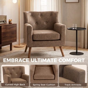 Tufted armchair in brown faux leather, wooden legs