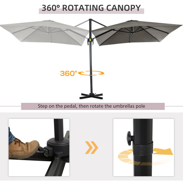 8-foot square cantilever parasol with 360° rotation, made of aluminum, light grey