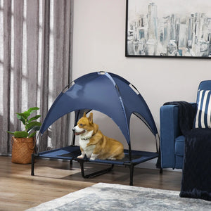 Elevated dog bed with canopy, dark blue