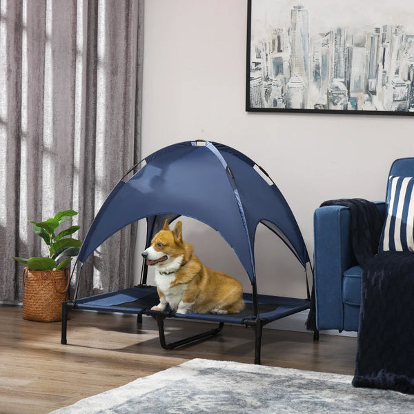 Elevated dog bed with canopy, dark blue