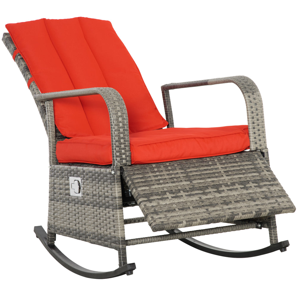 Outdoor Woven Resin Rocking Chair with Cushion, Adjustable Footrest, and Armrests, Red