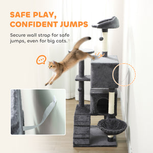 160cm Cat Tree with Scratching Posts, Cabins, Soft Perches, Hammock, Ladder, Dark Grey