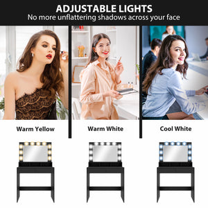 Dressing table with LED lighting mirror, charging station and drawers, black