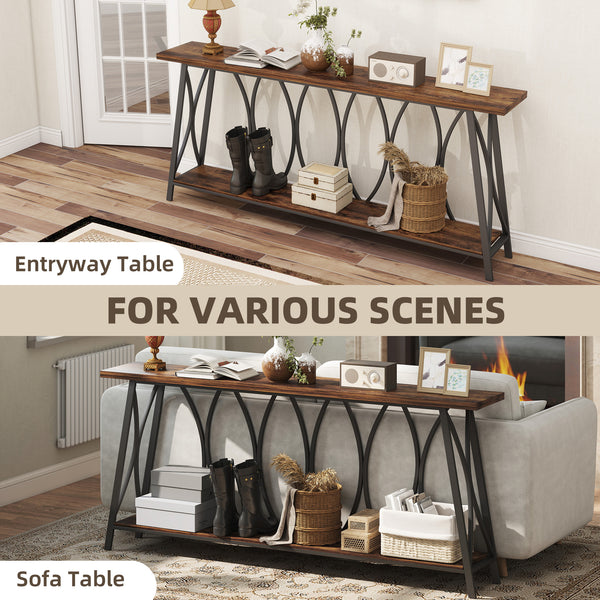 Industrial style two-tier console table with metal frame, rustic brown color.