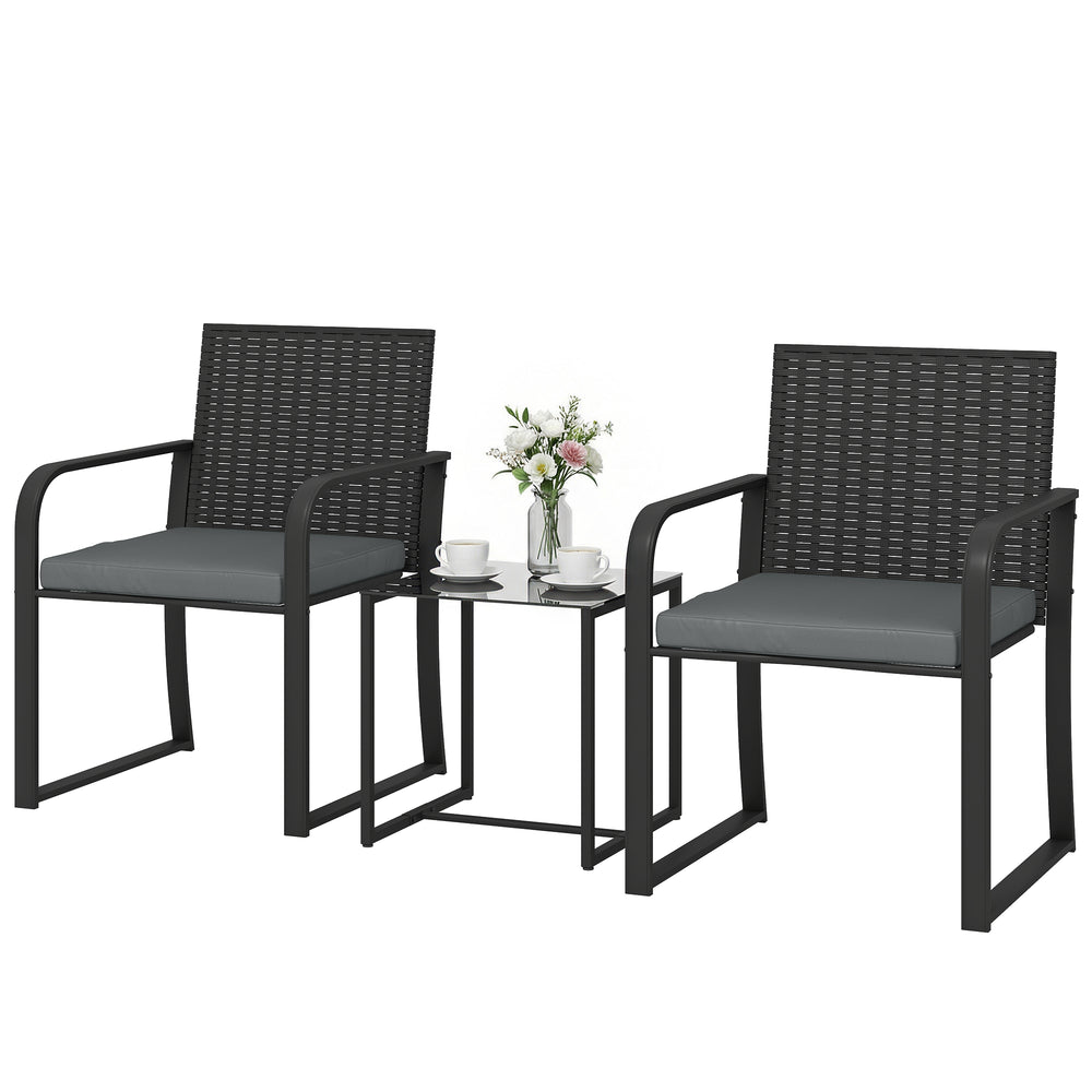 3-Piece Outdoor Wicker Bistro Set with Mesh Seat, Glass Table, and Cushions, Gray