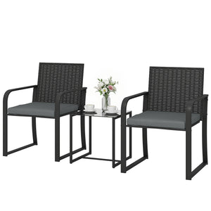 Ensemble bistro d'extérieur 3 pièces en résine tressée avec assise en maille, table en verre et coussins, gris