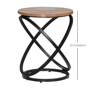 Industrial side table with round top, steel frame, light brown