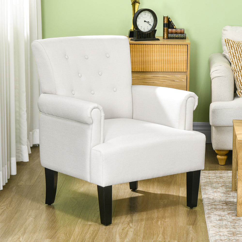 Fabric accent chair with wooden legs and rounded armrests, cream white
