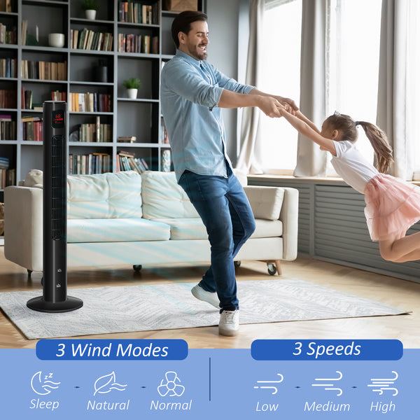 Freestanding Tower Fan with Oscillation, 3 Speeds, 12-Hour Timer, LED Sensor Panel, Remote Control, Black