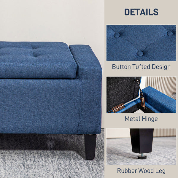 Linen Upholstered Storage Ottoman Bench with Tufted Pattern, Dark Blue