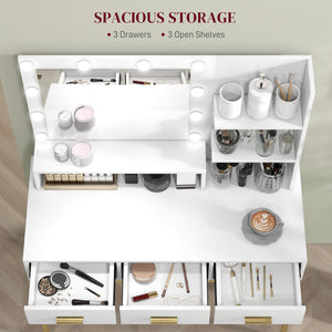 LED Lighted Dressing Table with Mirror, 3 Drawers and Storage Shelves, White 